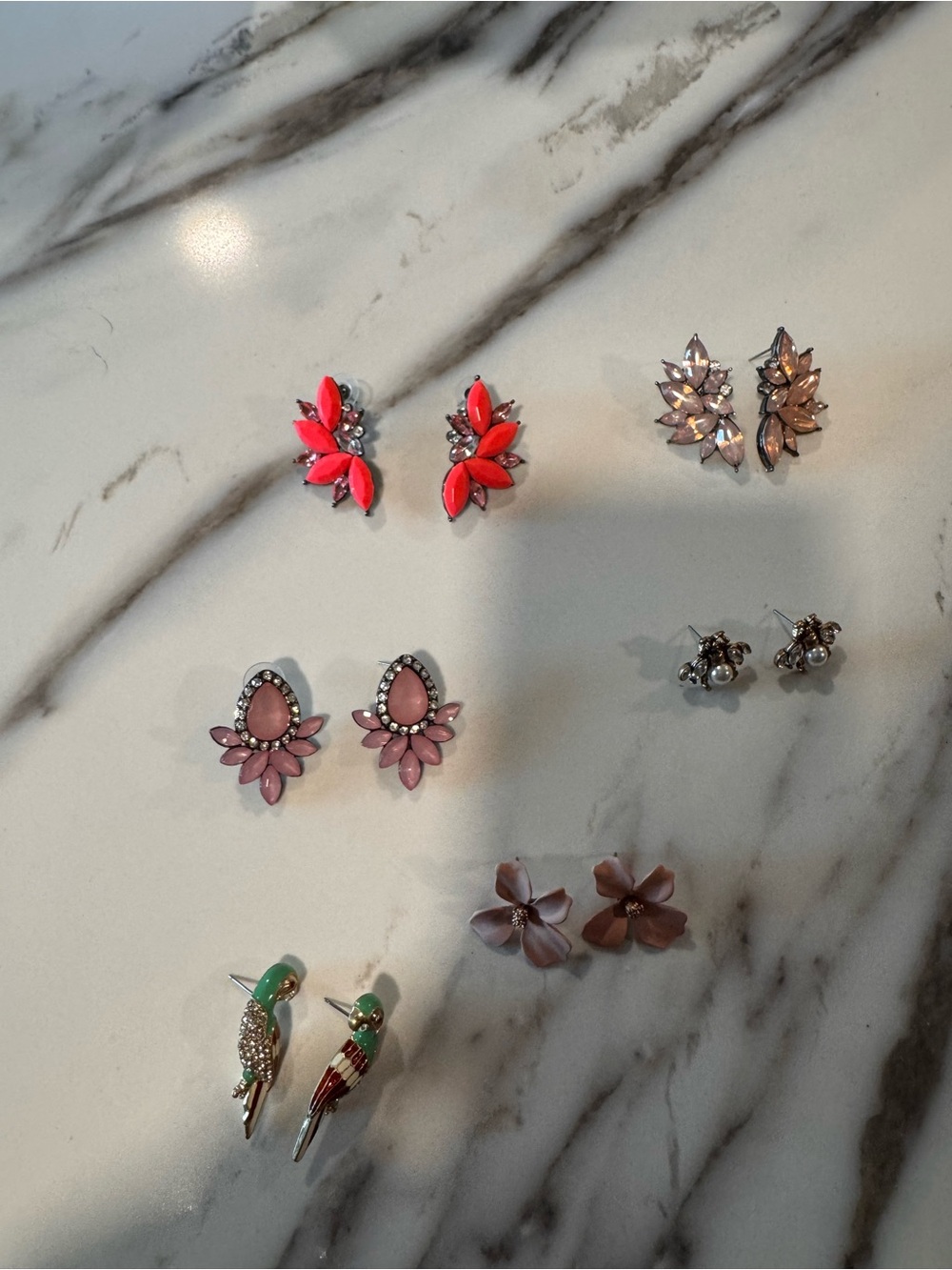 Assorted Pink Floral Stud Earrings, parrots- Women Jewelry: lot of 6 shown